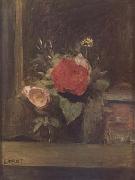 Bouquet de fleurs dans un verre a cote d'un pot a tabac (mk11)  Jean Baptiste Camille  Corot